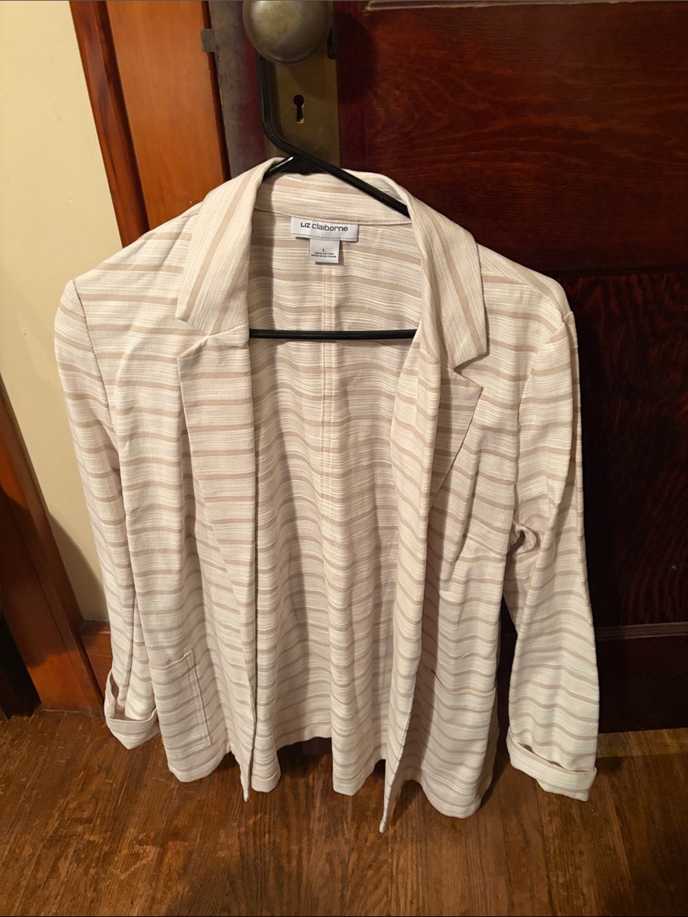 Liz Claiborne Cream and Tan Striped Casual Button-Down Shirt